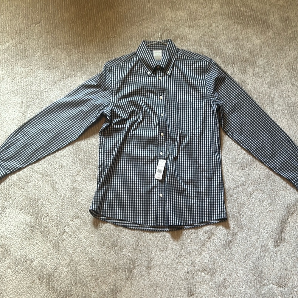 Navy blue and white button down tee shirt
